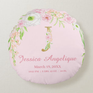 Blush Pink Floral Monogram Baby Stats Round Cushion
