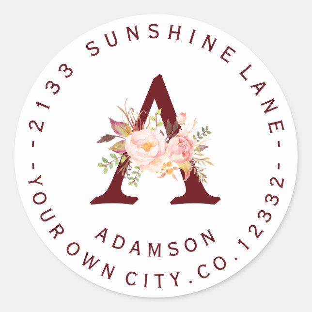 Blush Pink Floral Monogram Circular Address Label (Front)