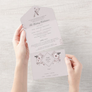 Blush Pink Floral Monogram Classic Elegant Wedding All In One Invitation