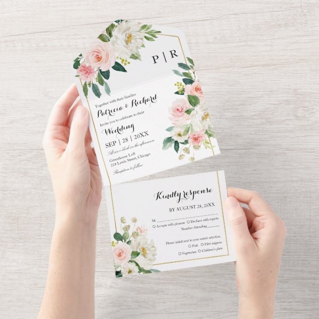 Blush Pink Floral Monogram Elegant Wedding All In One Invitation (Tearaway)
