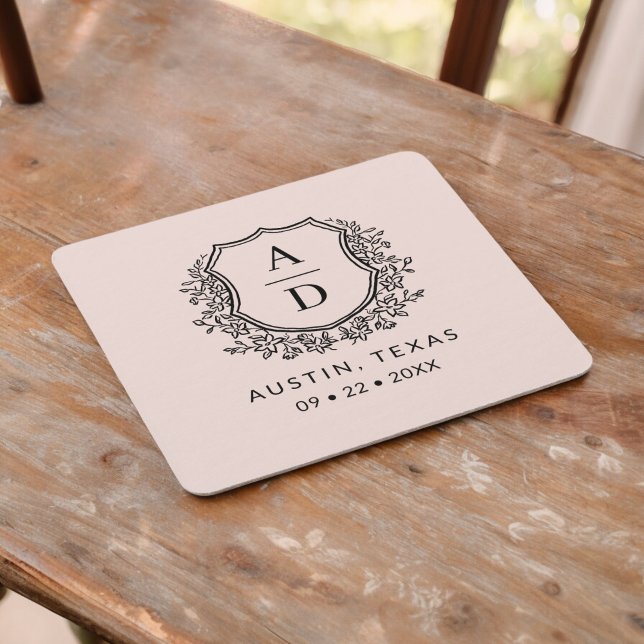 Blush Pink Floral Monogram Wedding Crest Modern Square Paper Coaster (Creator Uploaded)