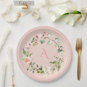 Blush Pink Floral Monogram Wedding Elegant Paper P Plate