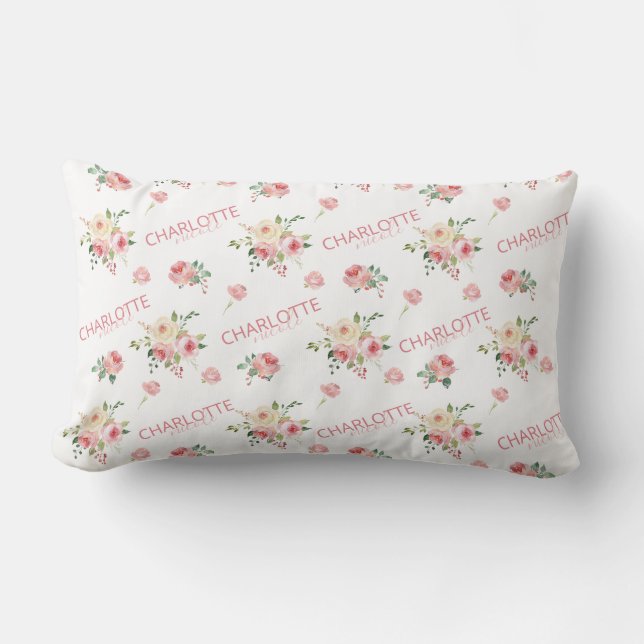 Blush Pink Floral Monogrammed Throw Pillow (Front)