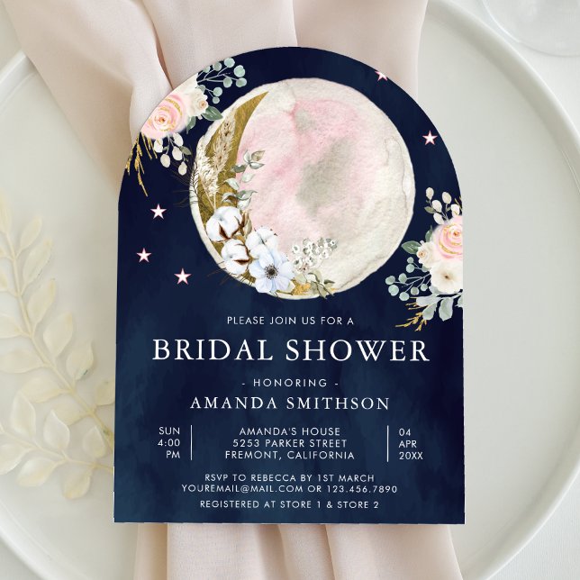 Blush Pink Floral Moon Arch Navy Bridal Shower Invitation (Creator Uploaded)