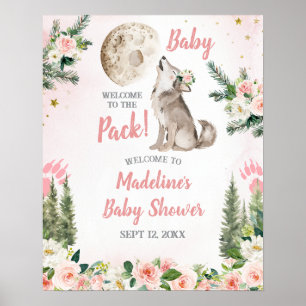 Blush Pink Floral Moon Forest Wolf Welcome Sign