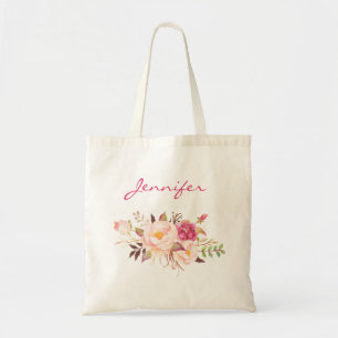 Blush Pink Floral & Name Tote Bag