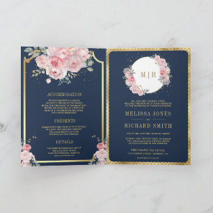 Blush Pink Floral Navy Blue All in One Wedding Invitation