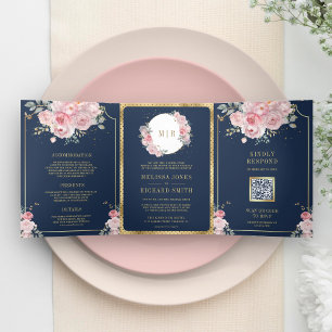 Blush Pink Floral Navy Blue All in One Wedding Tri-Fold Invitation