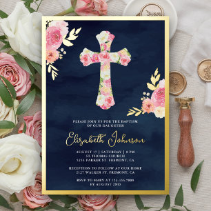 Blush Pink Floral Navy Blue Baptism Gold Foil