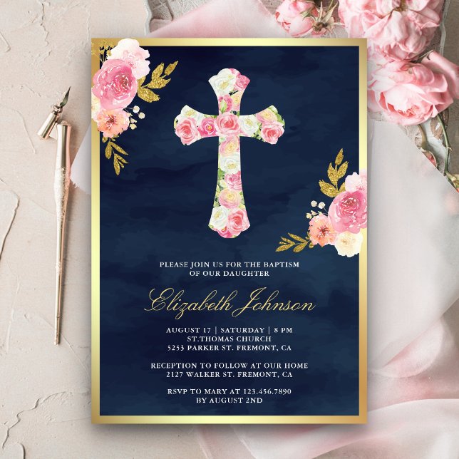 Blush Pink Floral Navy Blue Gold Baptism Invitation (Creator Uploaded)