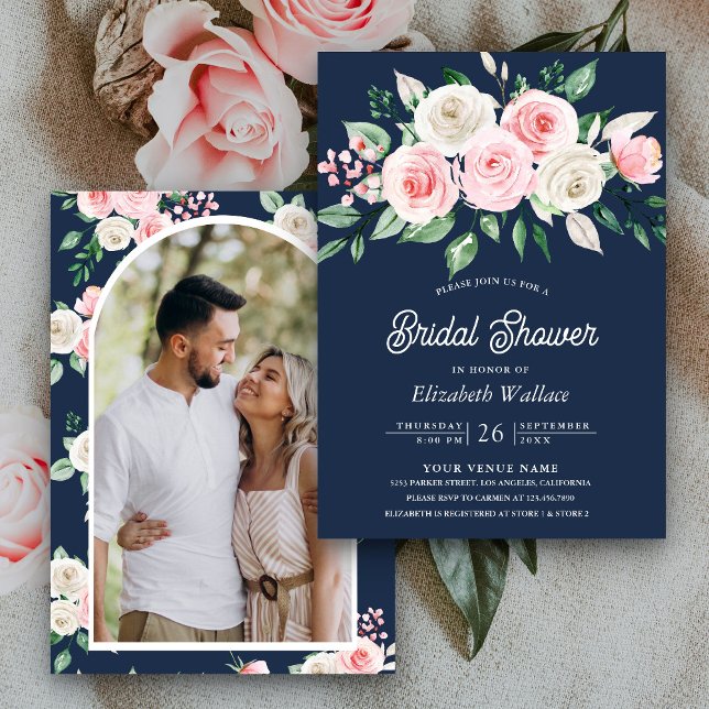 Blush Pink Floral Navy Blue Photo Bridal Shower Invitation (Creator Uploaded)