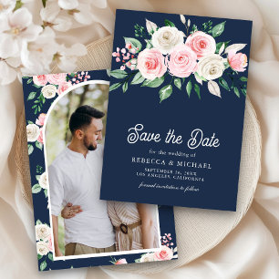Blush Pink Floral Navy Blue Photo Wedding Save The Date