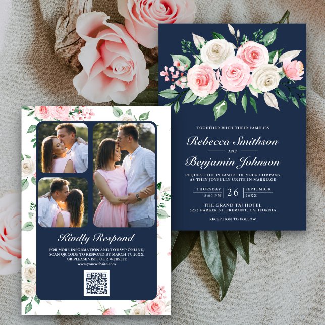 Blush Pink Floral Navy Blue QR Code Wedding Invitation (Creator Uploaded)