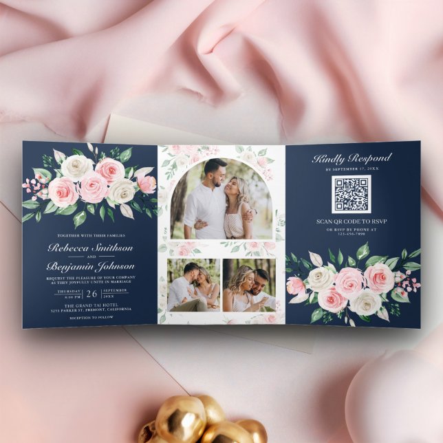 Blush Pink Floral Navy Blue QR Code Wedding Tri-Fold Invitation (Creator Uploaded)