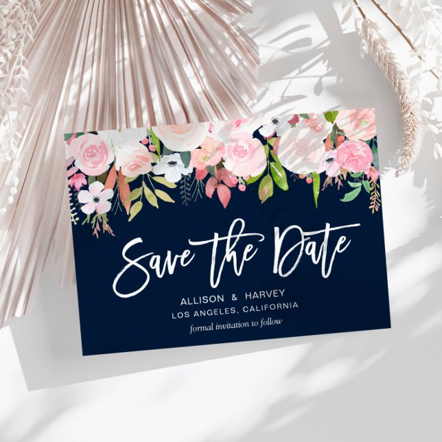 blush pink floral navy blue save the date postcard (Creator Uploaded)
