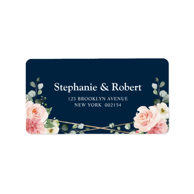 Blush Pink Floral Navy Geometric Botanical Wedding Label (Front)