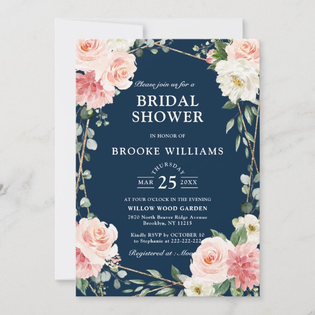 Blush Pink Floral Navy  Geometric Bridal Shower Invitation (Front)
