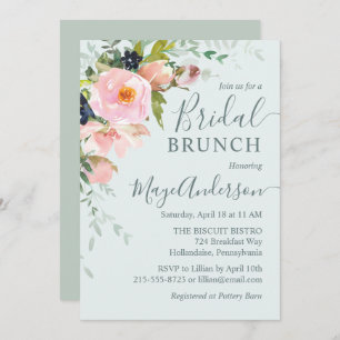 Blush Pink Floral on Light Blue Bridal Brunch Invitation