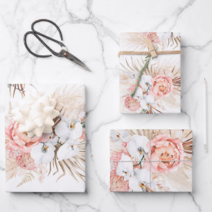 Blush Pink Floral Pampas Grass Pattern Elegant Wrapping Paper Sheet