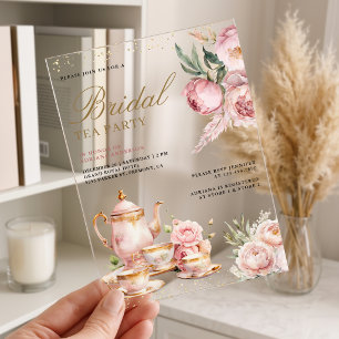 Blush Pink Floral Pampas Tea Party Bridal Shower Acrylic Invitations