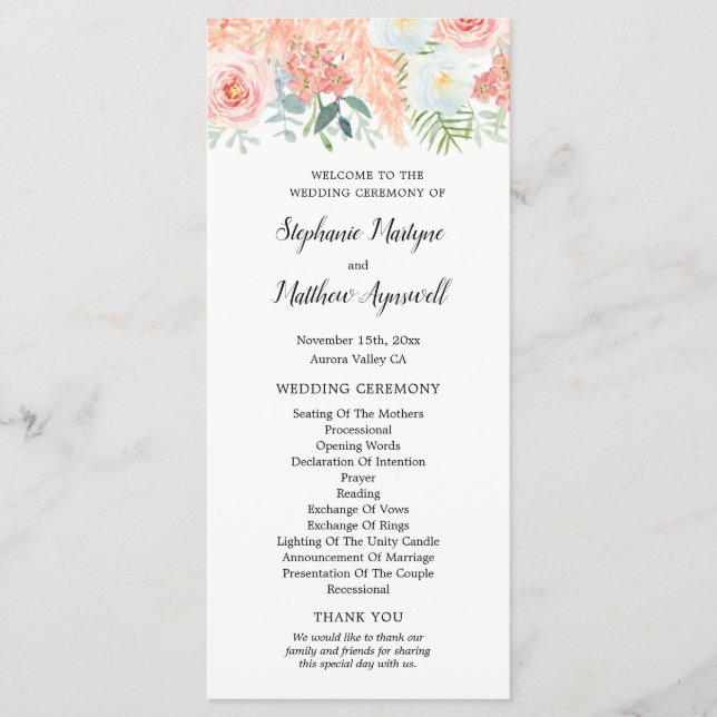Blush Pink Floral Pampas Wedding Programme (Front)