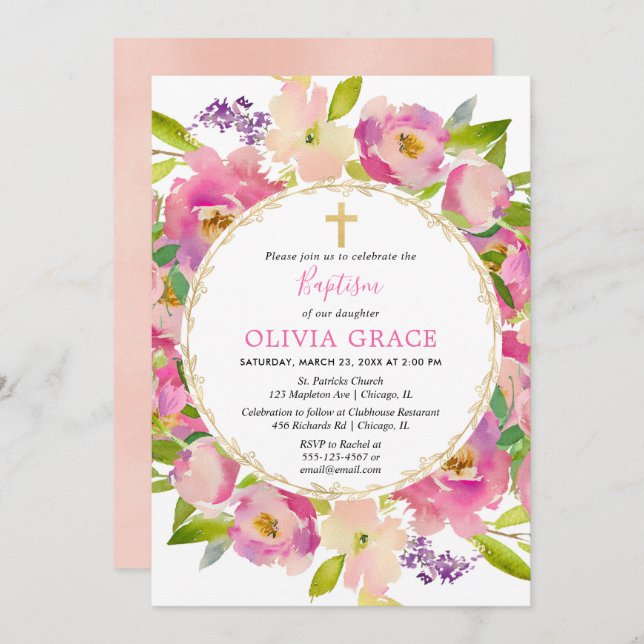 Blush pink floral pastels Baptism girl Invitation (Front/Back)