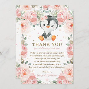 Blush Pink Floral Penguin Baby Shower Birthday Thank You Card