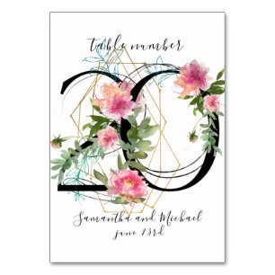Blush Pink Floral Peony Gold Table Number 20 Sign