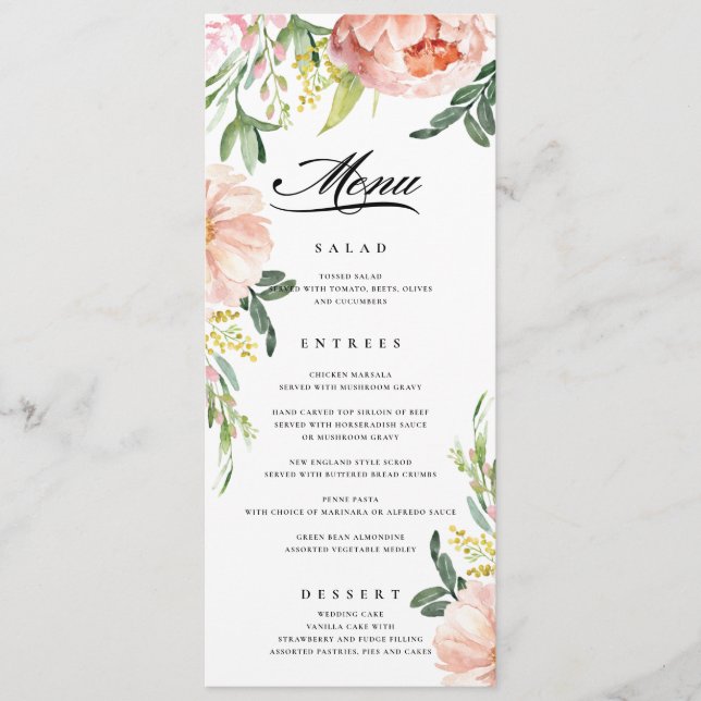 Blush Pink Floral Peony Wedding Menu (Front)