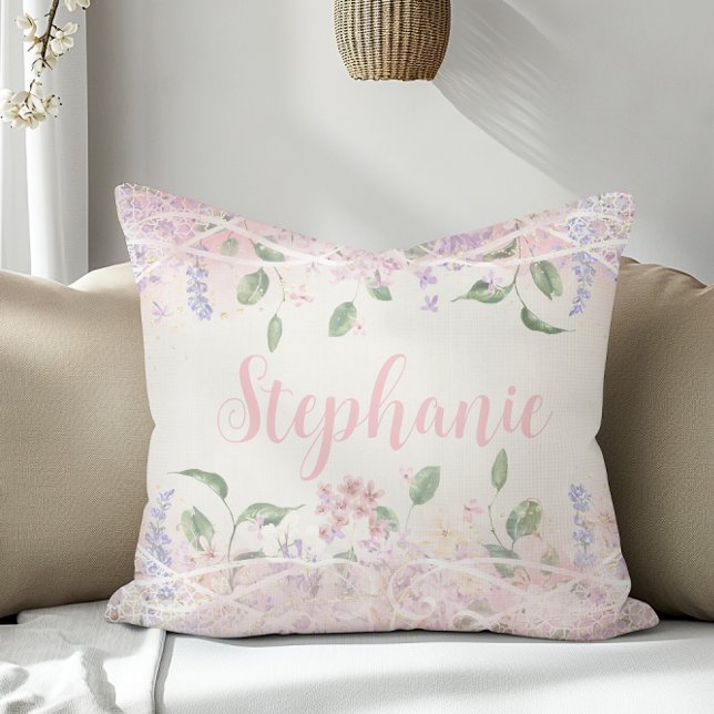 Blush Pink Floral Personalised Name Cushion (Creator Uploaded)