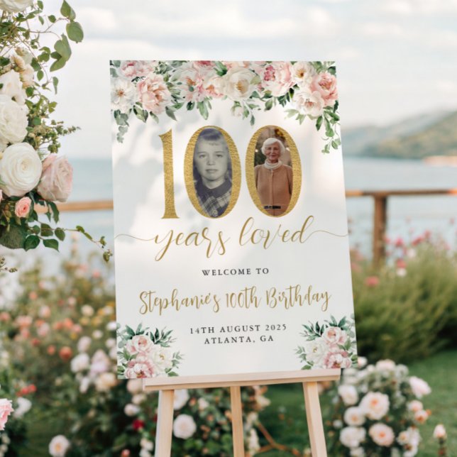 Blush Pink Floral Photo 100th Birthday Welcome Poster (Creator Uploaded)