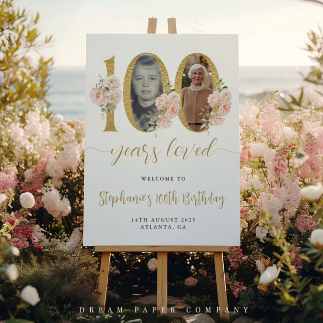 Blush Pink Floral Photo 100th Birthday Welcome Poster (Creator Uploaded)