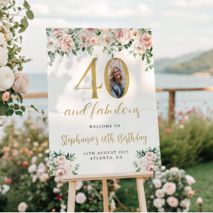 Blush Pink Floral Photo 40th Birthday Welcome Sign