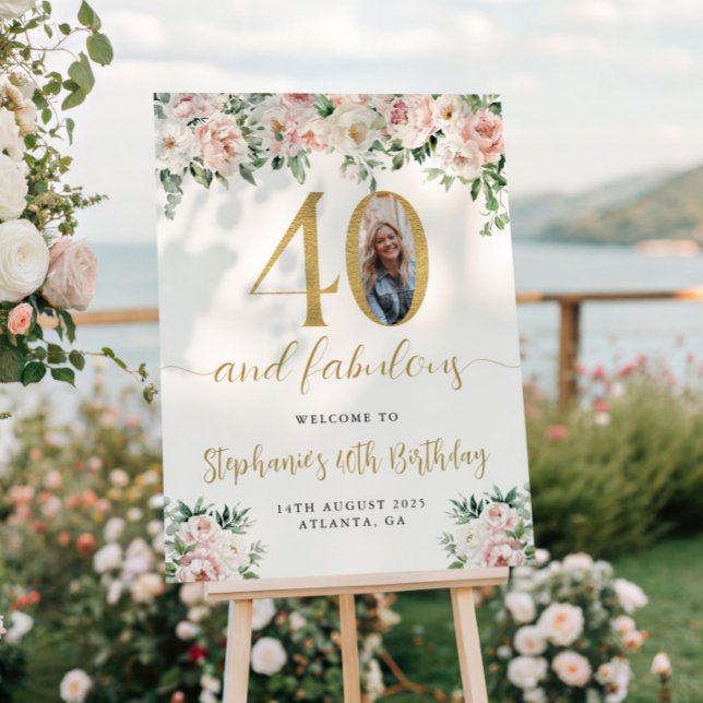 Blush Pink Floral Photo 40th Birthday Welcome Sign (Creator Uploaded)