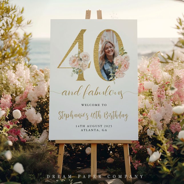 Blush Pink Floral Photo 40th Birthday Welcome Sign (Creator Uploaded)