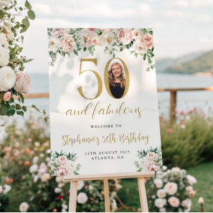 Blush Pink Floral Photo 50th Birthday Welcome Sign