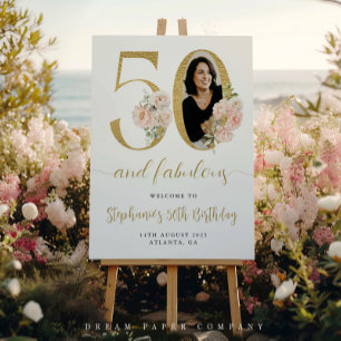 Blush Pink Floral Photo 50th Birthday Welcome Sign