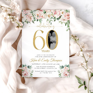 Blush Pink Floral Photo 60th Anniversary Invitation