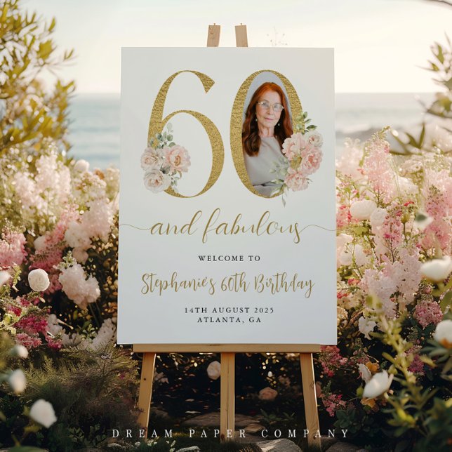 Blush Pink Floral Photo 60th Birthday Welcome Sign (Creator Uploaded)