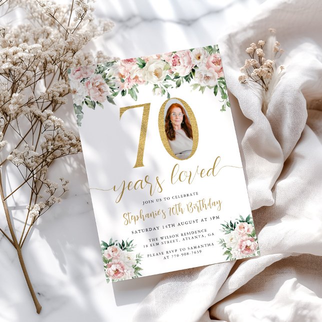 Blush Pink Floral Photo 70th Birthday Invitation (Creator Uploaded)