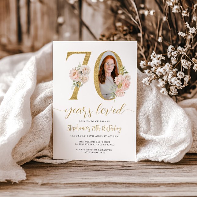 Blush Pink Floral Photo 70th Birthday Invitation (Creator Uploaded)