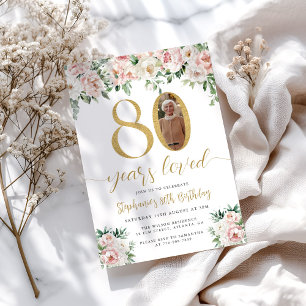 Blush Pink Floral Photo 80th Birthday Invitation