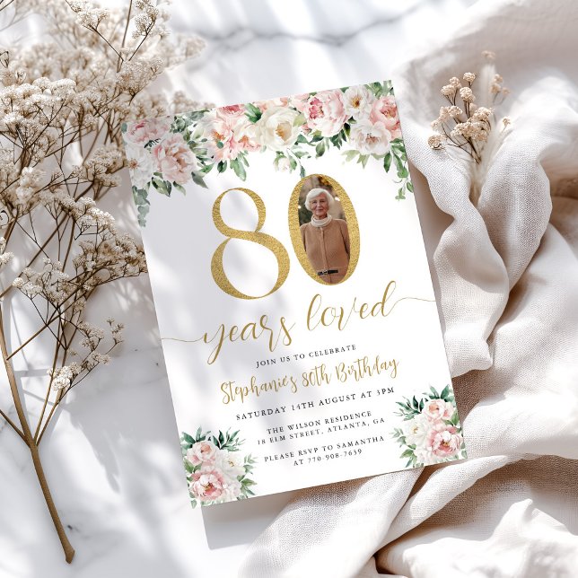Blush Pink Floral Photo 80th Birthday Invitation (Creator Uploaded)