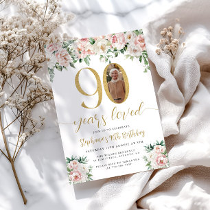 Blush Pink Floral Photo 90th Birthday Invitation