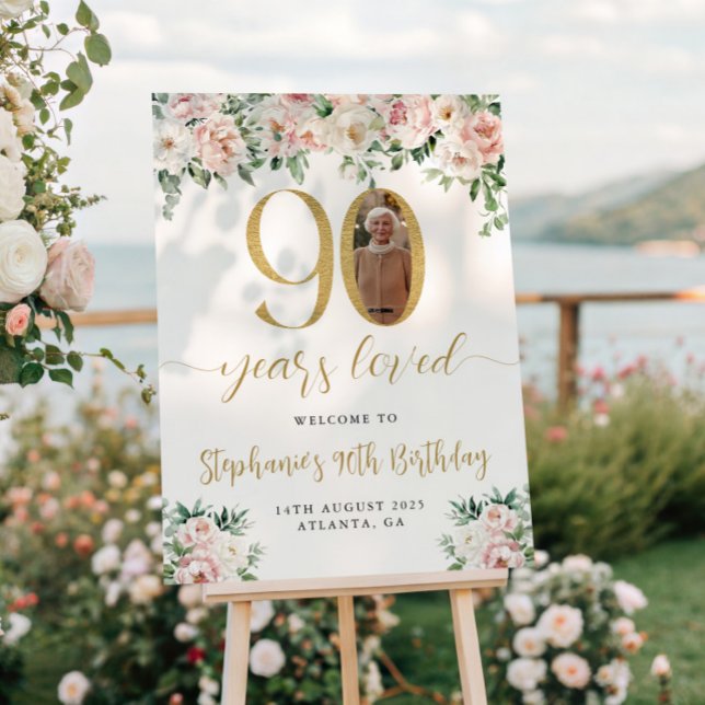 Blush Pink Floral Photo 90th Birthday Welcome Sign (Creator Uploaded)