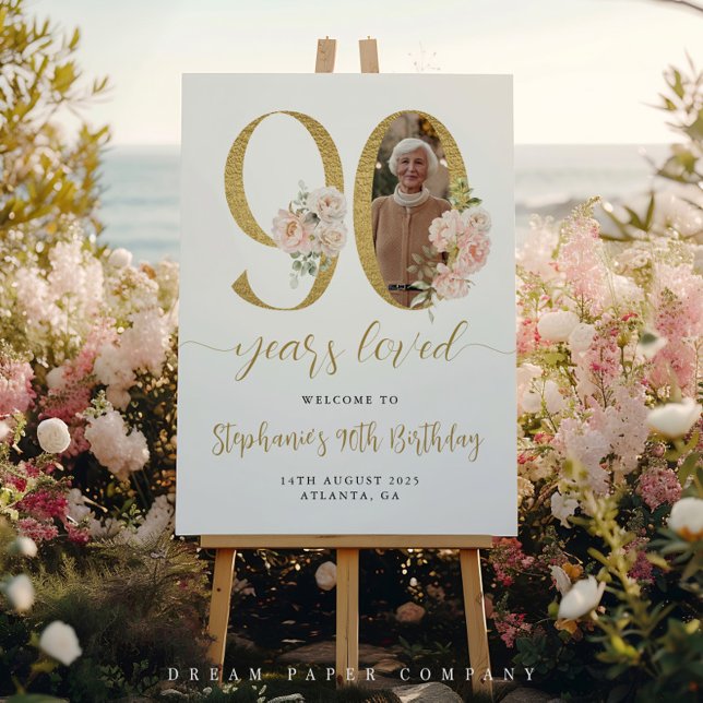 Blush Pink Floral Photo 90th Birthday Welcome Sign (Creator Uploaded)