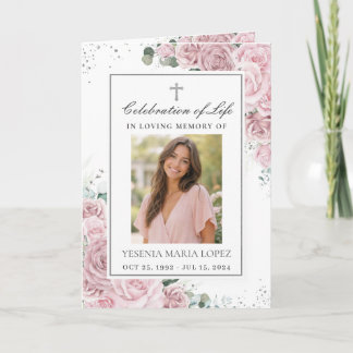 Blush Pink Floral Photo Christian Funeral Memorial Programme