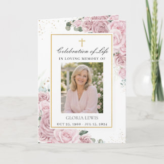 Blush Pink Floral Photo Christian Funeral Memorial Programme