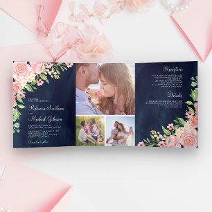 Blush Pink Floral Photo Collage Navy Blue Wedding  Tri-Fold Invitation