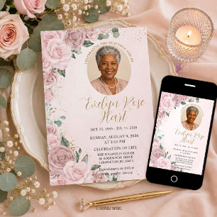 Blush Pink Floral Photo Funeral Life Celebration Invitation